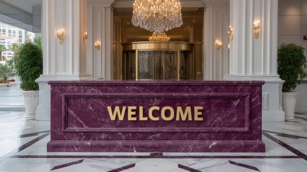 Elegant hotel lobby with a welcome sign and crystal chandelier photo