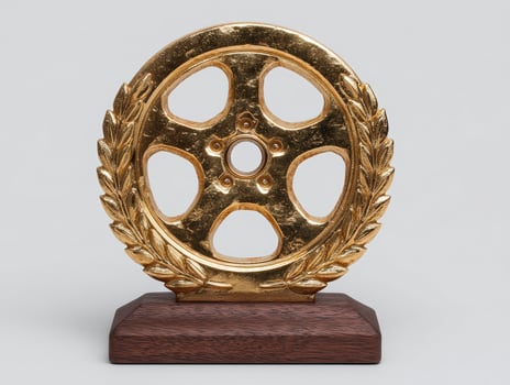Golden film reel award on a wooden base photo