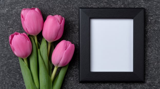 Pink tulips with a blank frame on a dark background photo