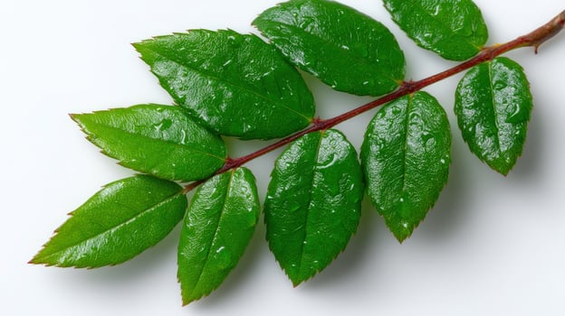 Fresh green leaves with water droplets on a branch photo