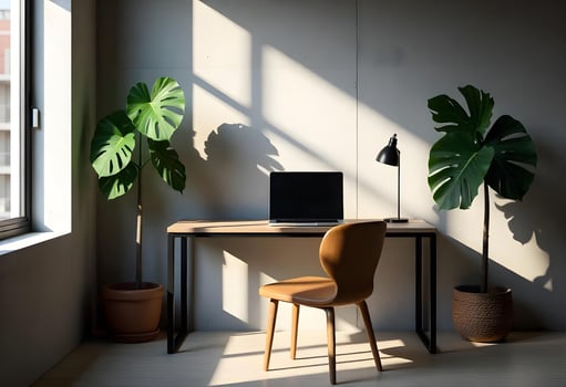 A desk with a laptop and a plant photo