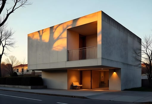 A modern house with a concrete exterior and a tree in the background photo