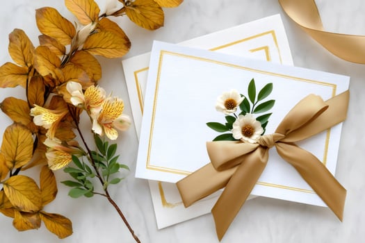 Elegant wedding stationery with gold ribbon, white flowers, and autumn leaves decorating a marble table photo