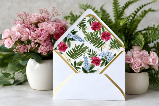 White envelope with floral design standing next to pink roses and ferns photo