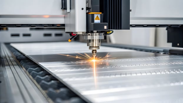 Precision laser cutting machine operates on aluminum sheet, creating sparks photo