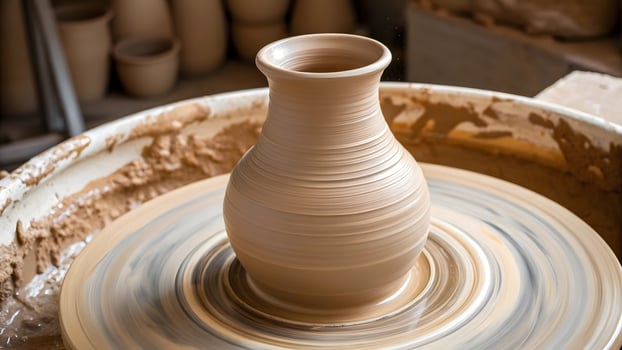 Pottery artist creates a beautiful vase on the wheel in creative studio photo