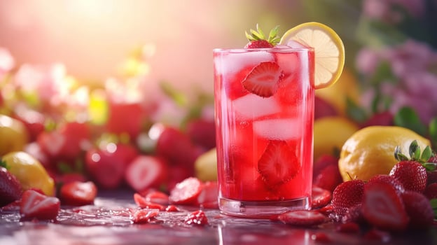 Refreshing strawberry lemonade with fresh berries and lemon. photo