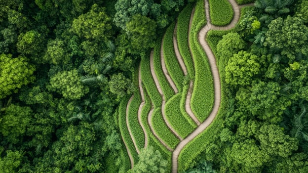 A breathtaking aerial perspective reveals terraced rice paddies weaving through dense, vibrant greenery of a tropical jungle, highlighting nature's stunning patterns photo
