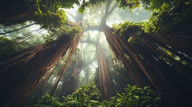 Exploring the serene beauty of a tropical jungle where towering trees create a stunning canopy, surrounded by vibrant ferns and soft morning mist photo