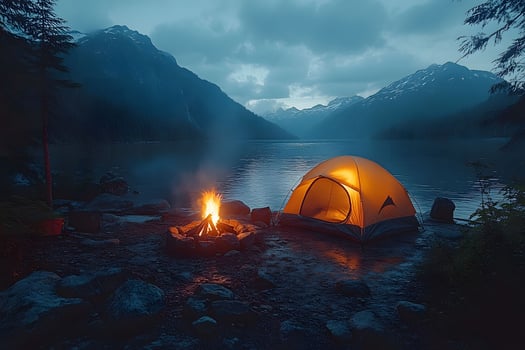 Tranquil Mountain Camping by a Lake at Dusk with Glowing Tent and Campfire photo