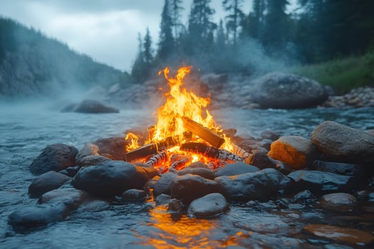 Serene Riverside Campfire in Misty Wilderness During a Tranquil Evening Retreat photo