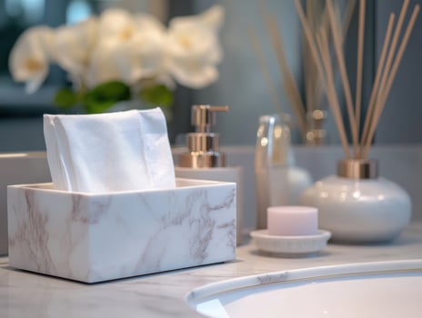 Upscale Bath Ware Collection With Marble Tissue Box Centerpiece photo