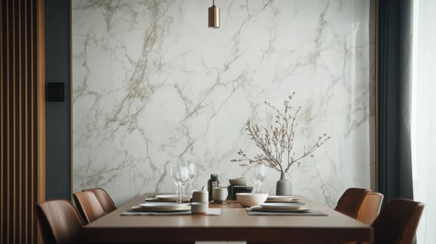 Upscale Dining Hall with Artistic Marble Wallpaper Design photo