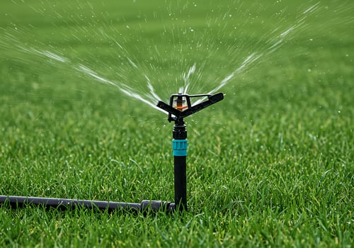A sprinkler is spraying water on a green field photo
