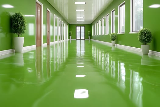 Modern Interior Design with Glossy Green Floor and Potted Plants photo