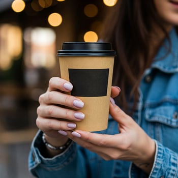 Close-up of woman in a denim jacket holding a takeaway coffee cup with blurred city lights. Copy space. Urban lifestyle, street coffee culture, and casual fashion concept. photo