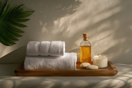 White cotton towels, bottle with amber oil , candle and massage stones on a wood tray. photo