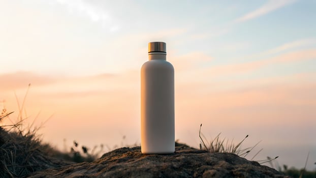 Water Bottle on Rock at Sunset for Outdoor Hydration photo