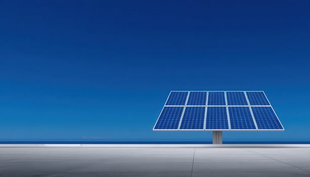Solar panel installation under bright sunlight coastal area minimalistic photography clear sky contemporary concept photo