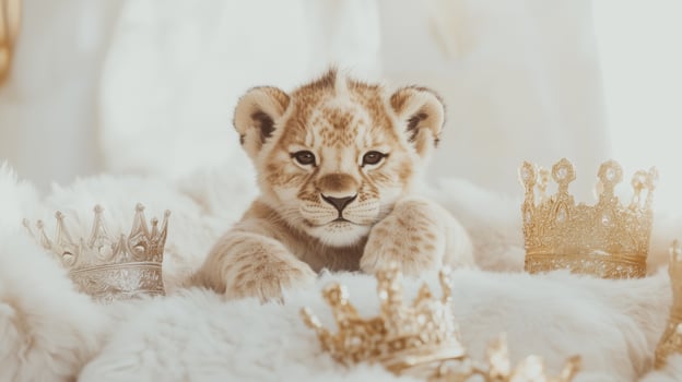 A baby lion cub with gold crowns on top of a white blanket photo
