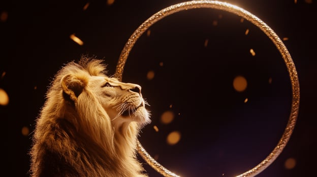 Stuffed lion in circus ring performing tricks photo