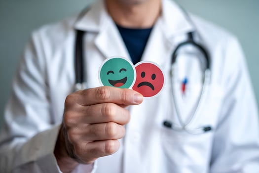 Doctor holding winking and frowning emoji stickers photo