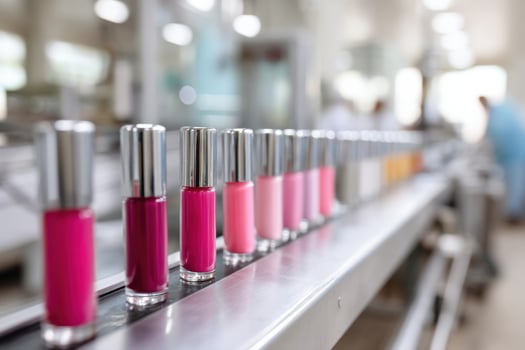 Bright and cheerful lip gloss manufacturing facility with colorful packaging displayed along the production line photo