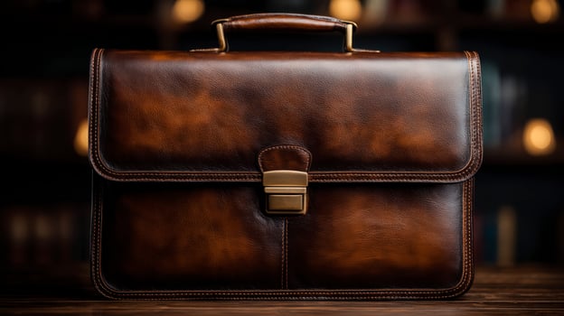Dark Brown Leather Briefcase On Wooden Surface photo