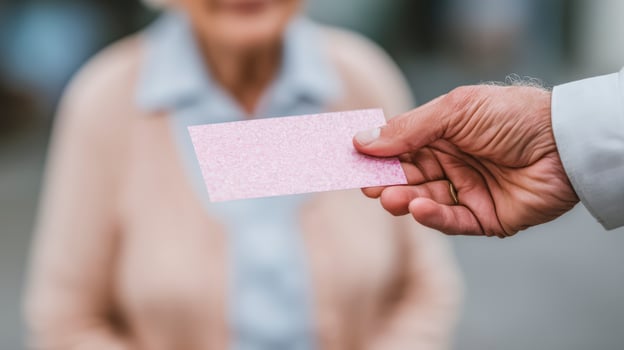 Hand Offering Light Pink Textured Card To Blurred Senior Woman photo