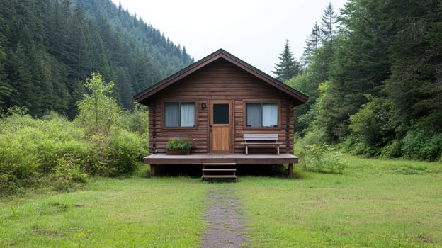 A small wooden cabin sitting in the middle of a field photo