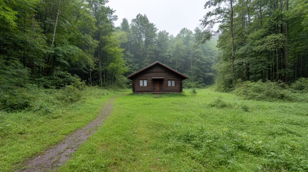 A small wooden cabin in the middle of a green forest photo