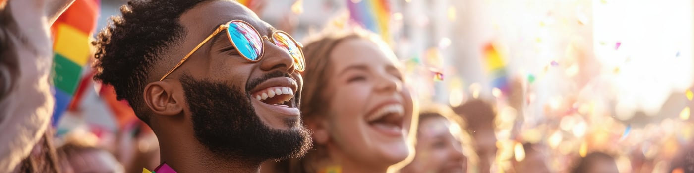 Diverse group of individuals enjoying vibrant and joyful Pride Month celebrations with colorful decorations photo