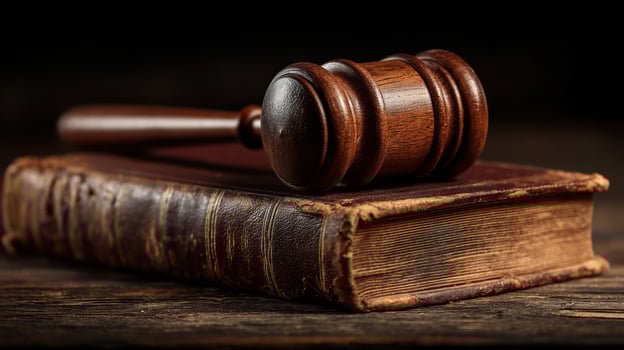 Wooden gavel resting on old leather bound law book symbolizing justice, peace, and strong legal institutions in warm setting photo