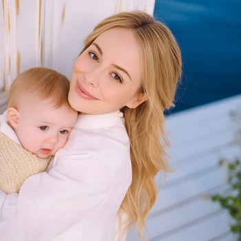Happy Blonde Mother Tenderly Holding her Infant Baby Son Close Up Portrait photo