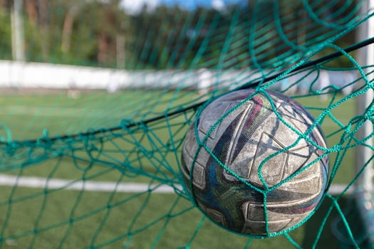 A soccer ball lies in a net on a field. Football is a sport photo