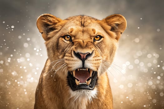 Powerful lioness displays aggressive roar with sharp teeth and intense gaze close up photo