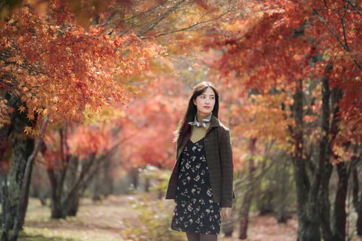 Southeast asian woman stands thoughtfully in forest filled with vibrant autumn leaves, wearing floral dress and jacket, surrounded by warm orange and red foliage photo