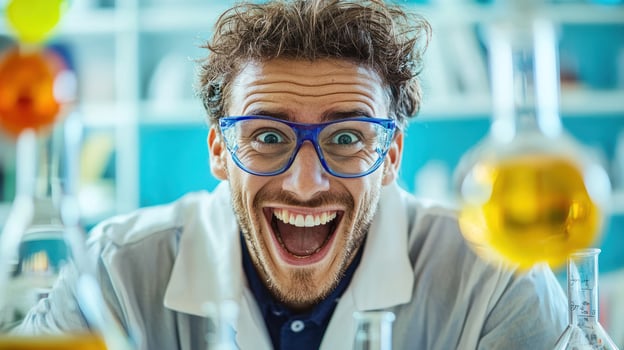 A man in a lab coat with a surprised expression, holding a beaker filled with yellow liquid. photo