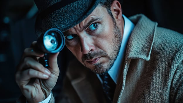 A man in a suit and hat holding a flashlight, looking through it in a dimly lit room. photo