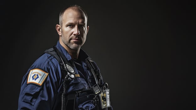 A police officer standing in front of a dark background. photo