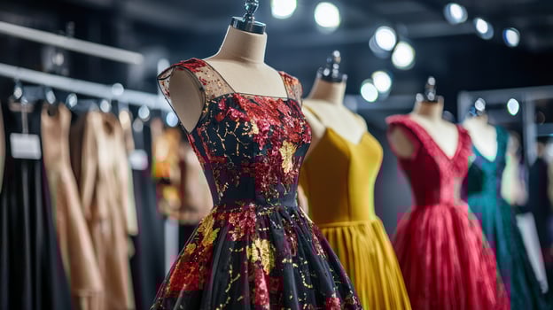 Four vintage dresses hanging on mannequins in a fashion show setting. photo
