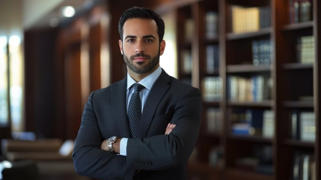 A man in a suit standing in a library with his arms crossed. photo