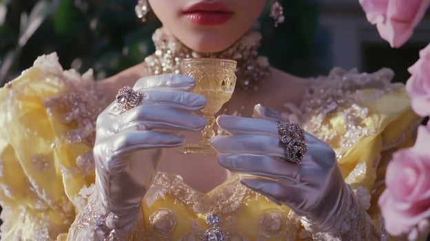 A woman in a yellow dress holding a glass photo
