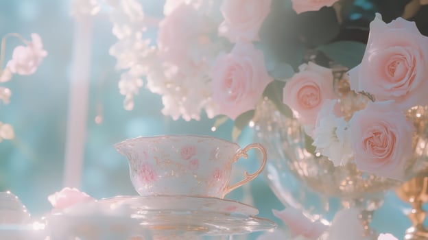 A tea cup and saucer with pink roses on it photo