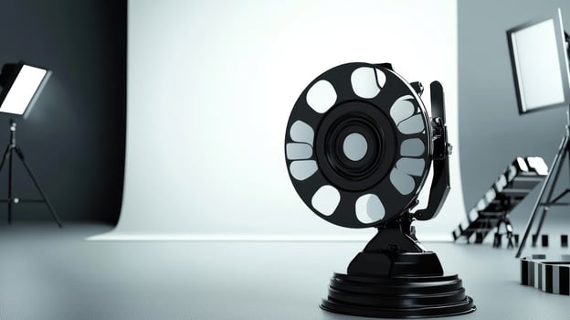 A black and white film reel on a stand in a studio with a white backdrop and a camera on a tripod in the foreground. photo