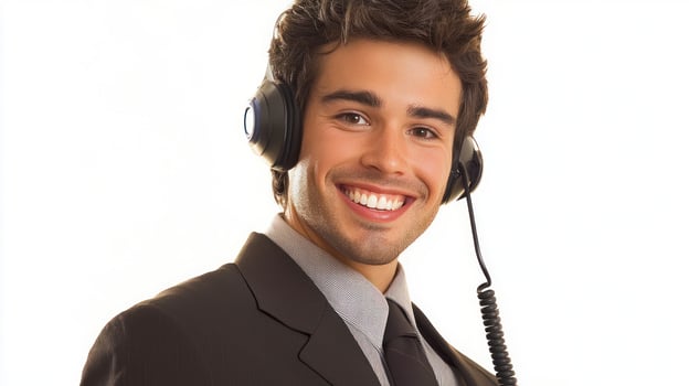 A smiling man wearing headphones, standing against a white background. photo