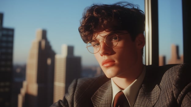 A young man in glasses and a suit looking out the window photo