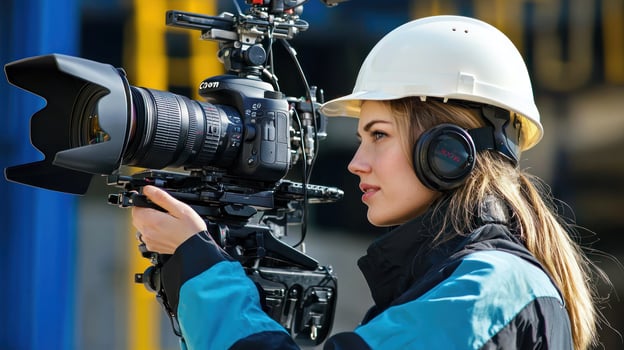 A female construction worker wearing a hard hat and earphones, holding a camera, standing in front of a construction site with a blue and yellow background. photo