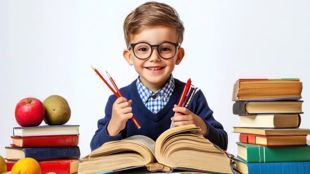 A young boy wearing glasses, holding a book and pencils, surrounded by a pile of books and apples on a white background. photo