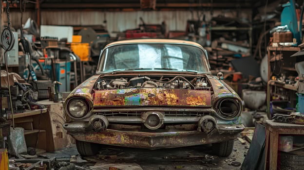 An old, rusted car with exposed engine in a cluttered garage with various tools and equipment photo